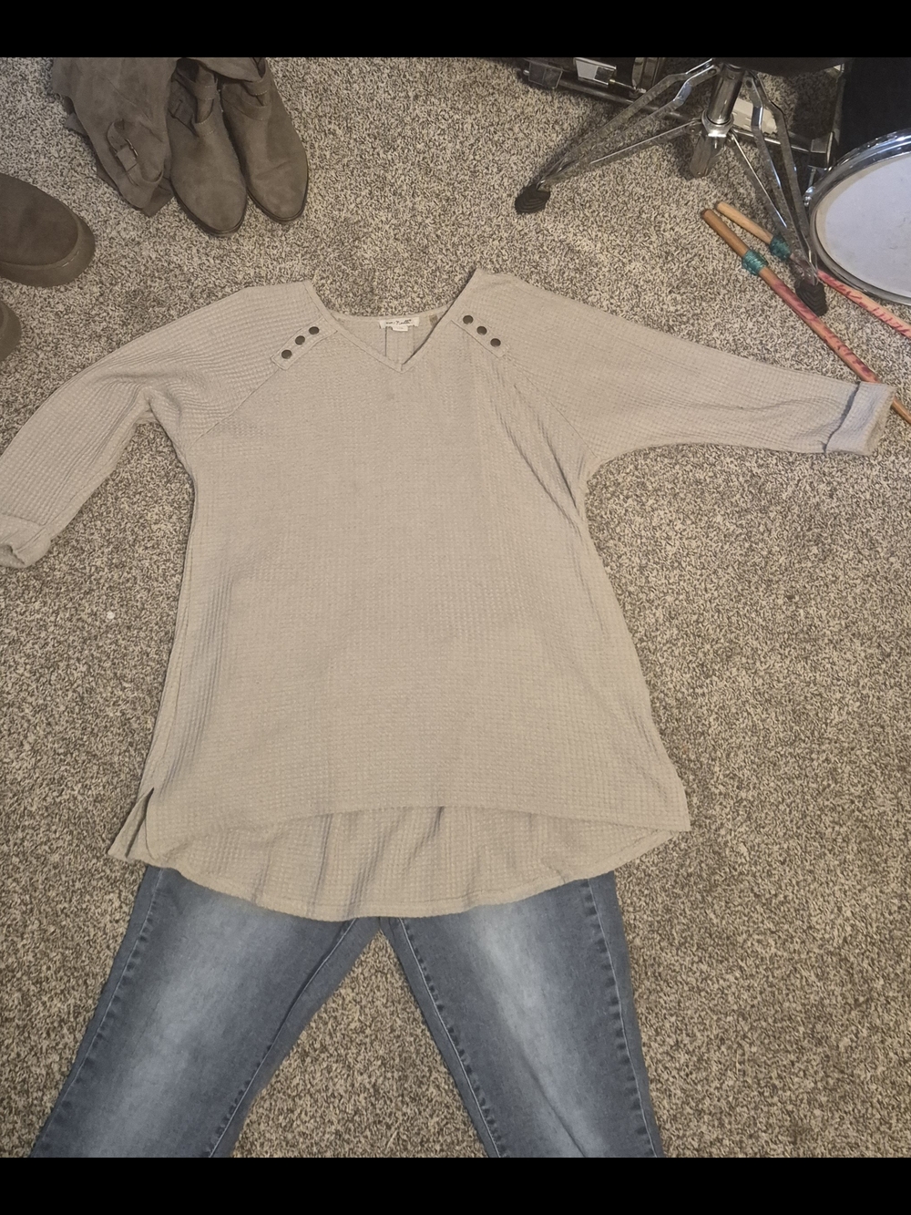Waffle-Knit V-Neck Tunic Top with Button Detail - Beige